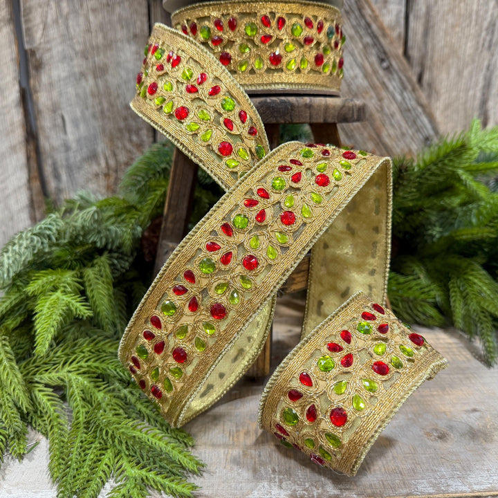 1.5" Red Green Gold Jeweled Ribbon, Farrisilk Ribbon, Jeweled Ribbon, Christmas Ribbon, Jeweled Ribbon, Christmas Ribbon, RG718-48