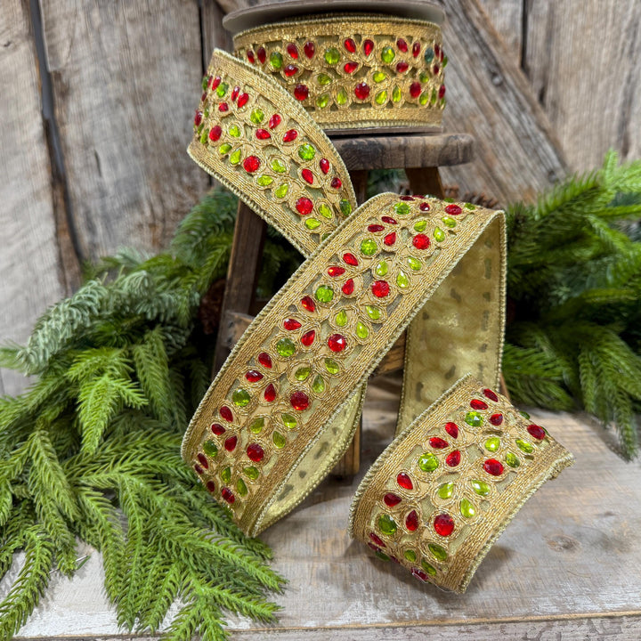 1.5" Red Green Gold Jeweled Ribbon, Farrisilk Ribbon, Jeweled Ribbon, Christmas Ribbon, Jeweled Ribbon, Christmas Ribbon, RG718-48