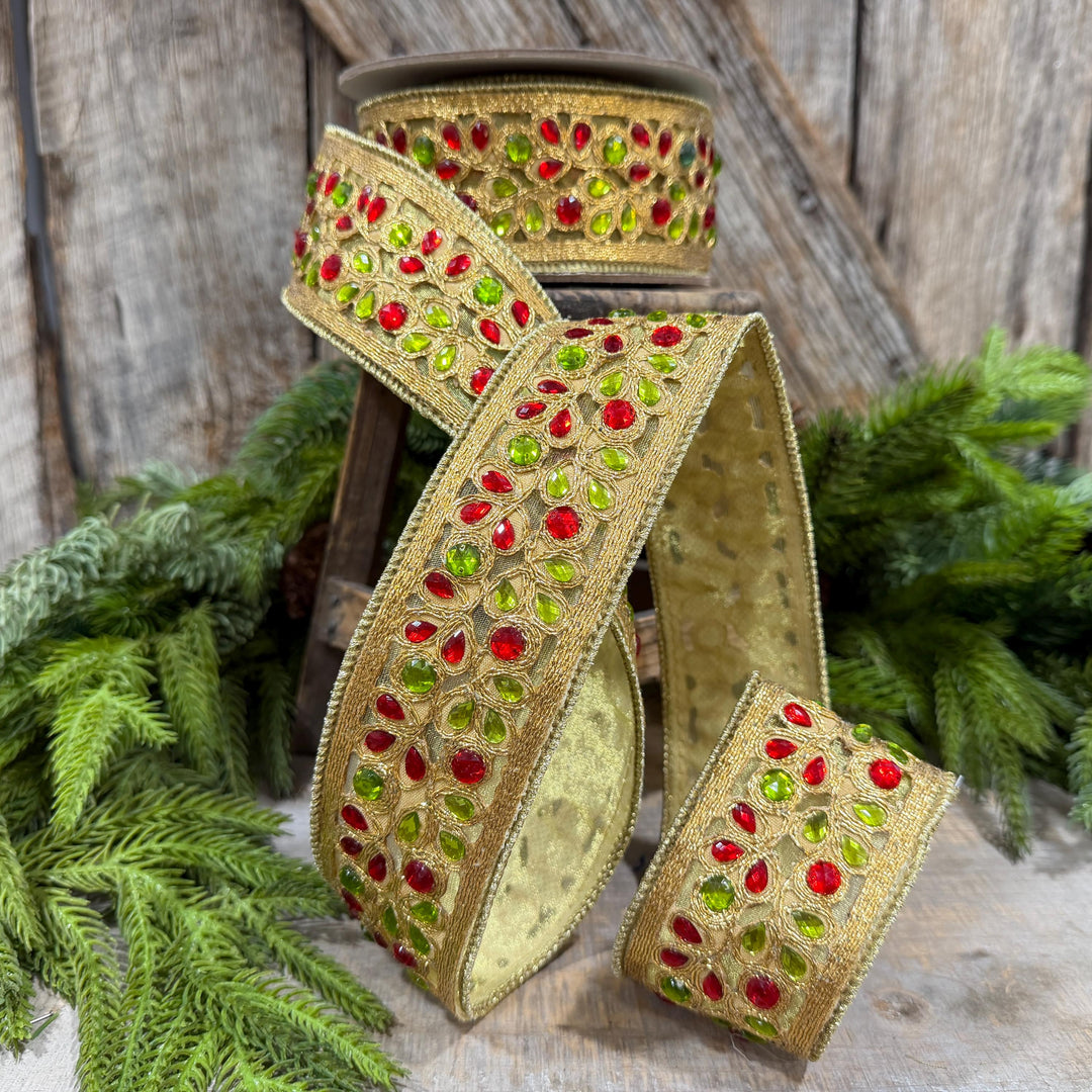 1.5" Red Green Gold Jeweled Ribbon, Farrisilk Ribbon, Jeweled Ribbon, Christmas Ribbon, Jeweled Ribbon, Christmas Ribbon, RG718-48