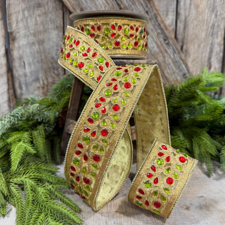 1.5" Red Green Gold Jeweled Ribbon, Farrisilk Ribbon