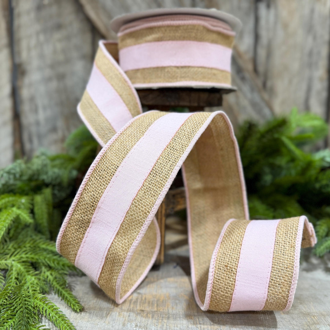 2.5" Light Pink Burlap Border Ribbon, Farrisilk Ribbon