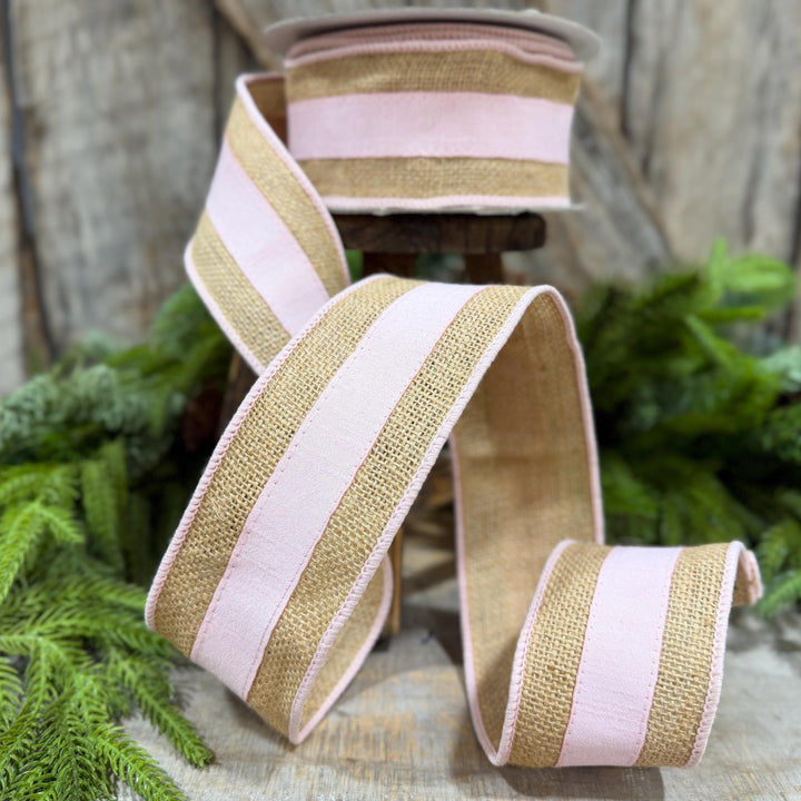 2.5" Light Pink Burlap Border Ribbon, Farrisilk Ribbon