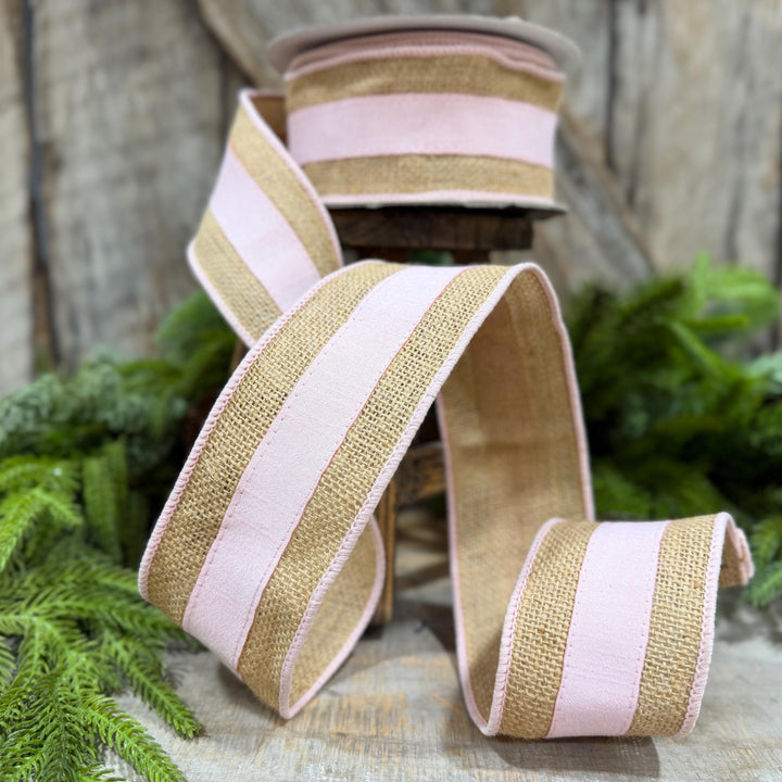 2.5" Light Pink Burlap Border Ribbon, Farrisilk Ribbon