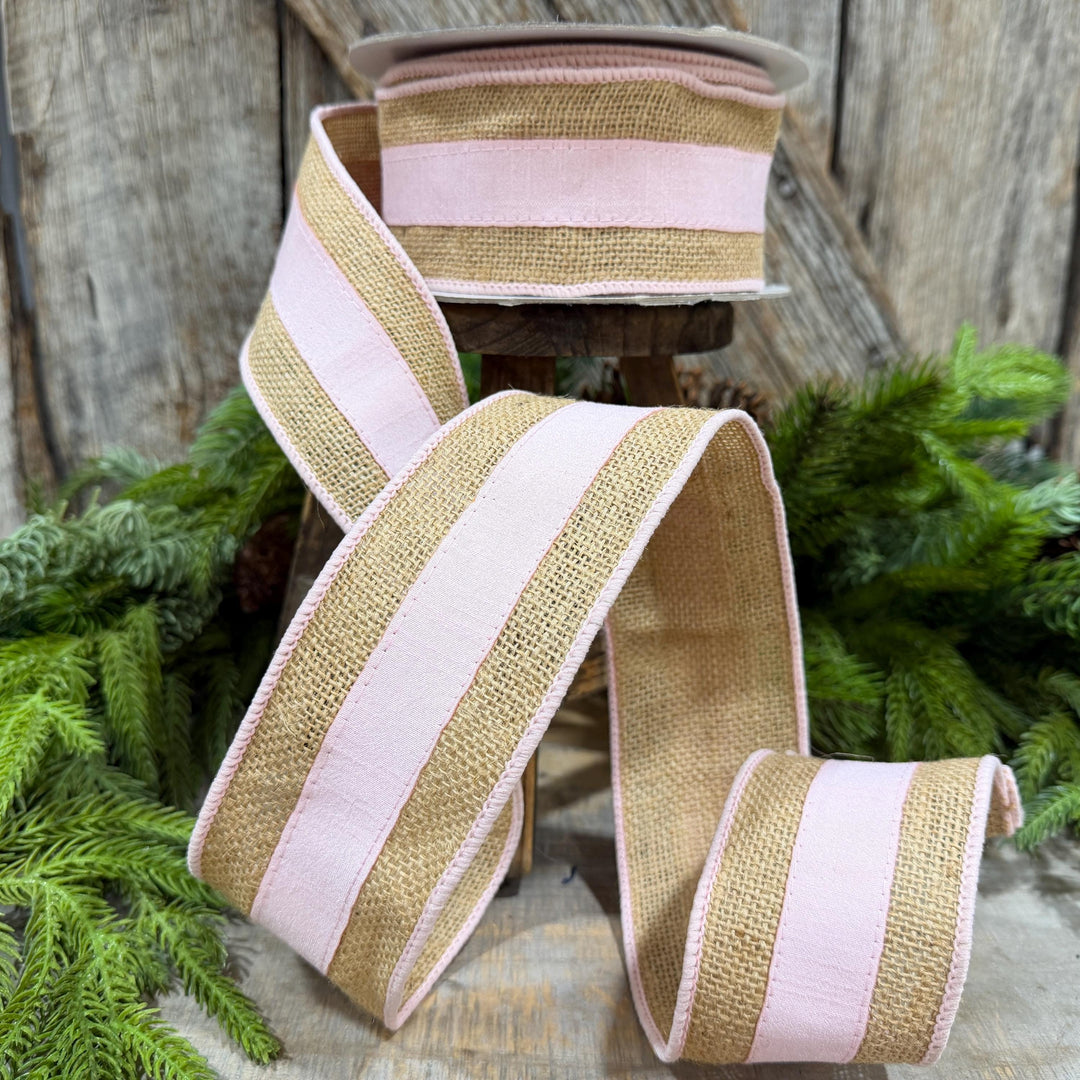 2.5" Light Pink Burlap Border Ribbon, Farrisilk Ribbon