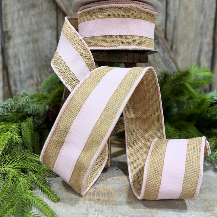 2.5" Light Pink Burlap Border Ribbon, Farrisilk Ribbon