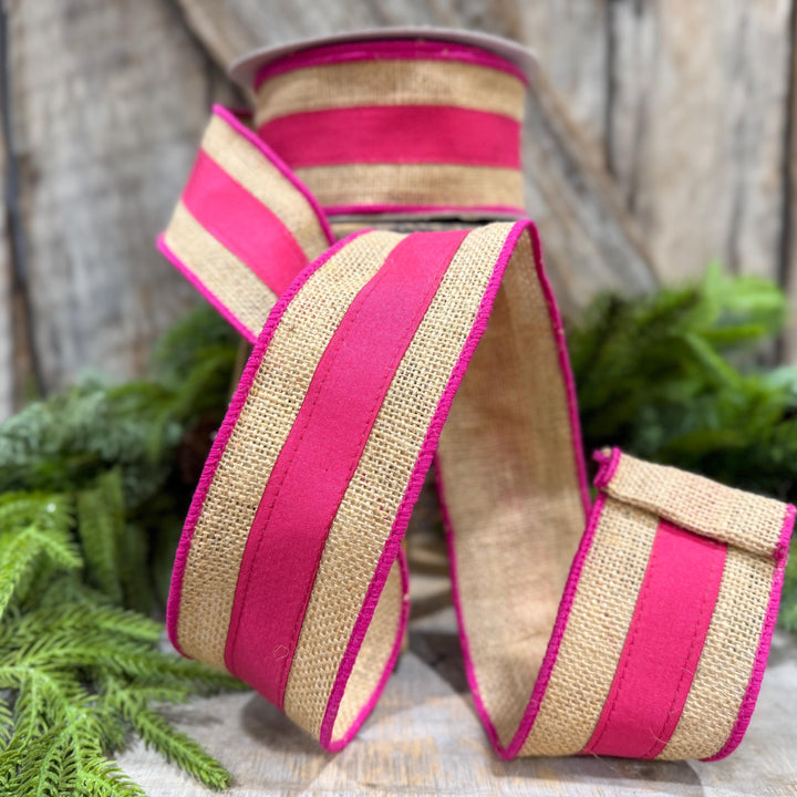 2.5" Hot Pink Burlap Border Ribbon, Farrisilk Ribbon