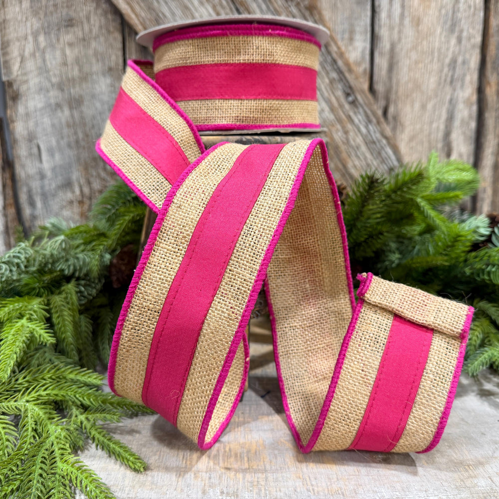 2.5" Hot Pink Burlap Border Ribbon, Farrisilk Ribbon