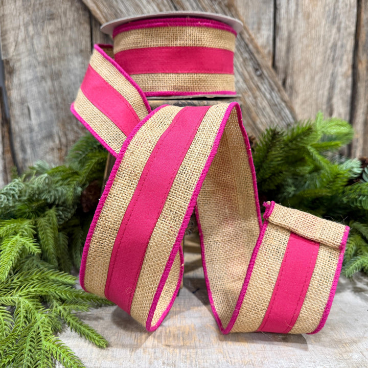 2.5" Hot Pink Burlap Border Ribbon, Farrisilk Ribbon