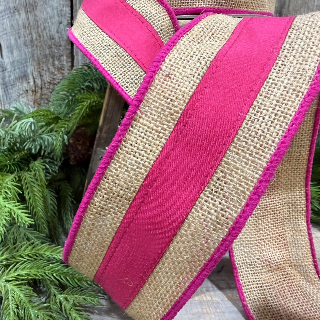 2.5" Hot Pink Burlap Border Ribbon, Farrisilk Ribbon