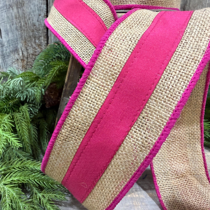 2.5" Hot Pink Burlap Border Ribbon, Farrisilk Ribbon
