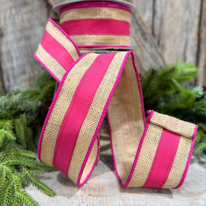 2.5" Hot Pink Burlap Border Ribbon, Farrisilk Ribbon