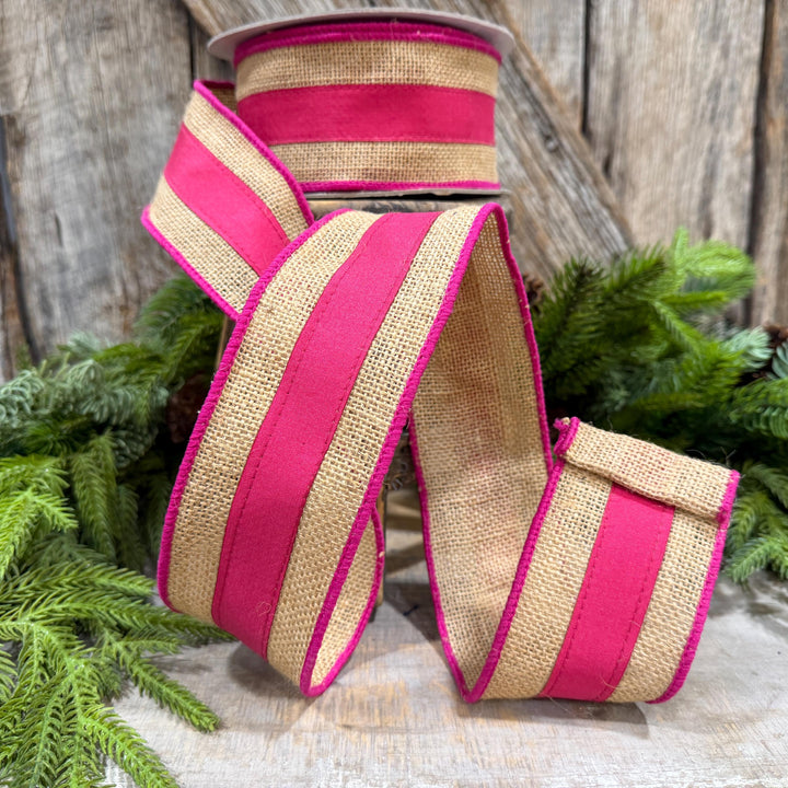 2.5" Hot Pink Burlap Border Ribbon, Farrisilk Ribbon