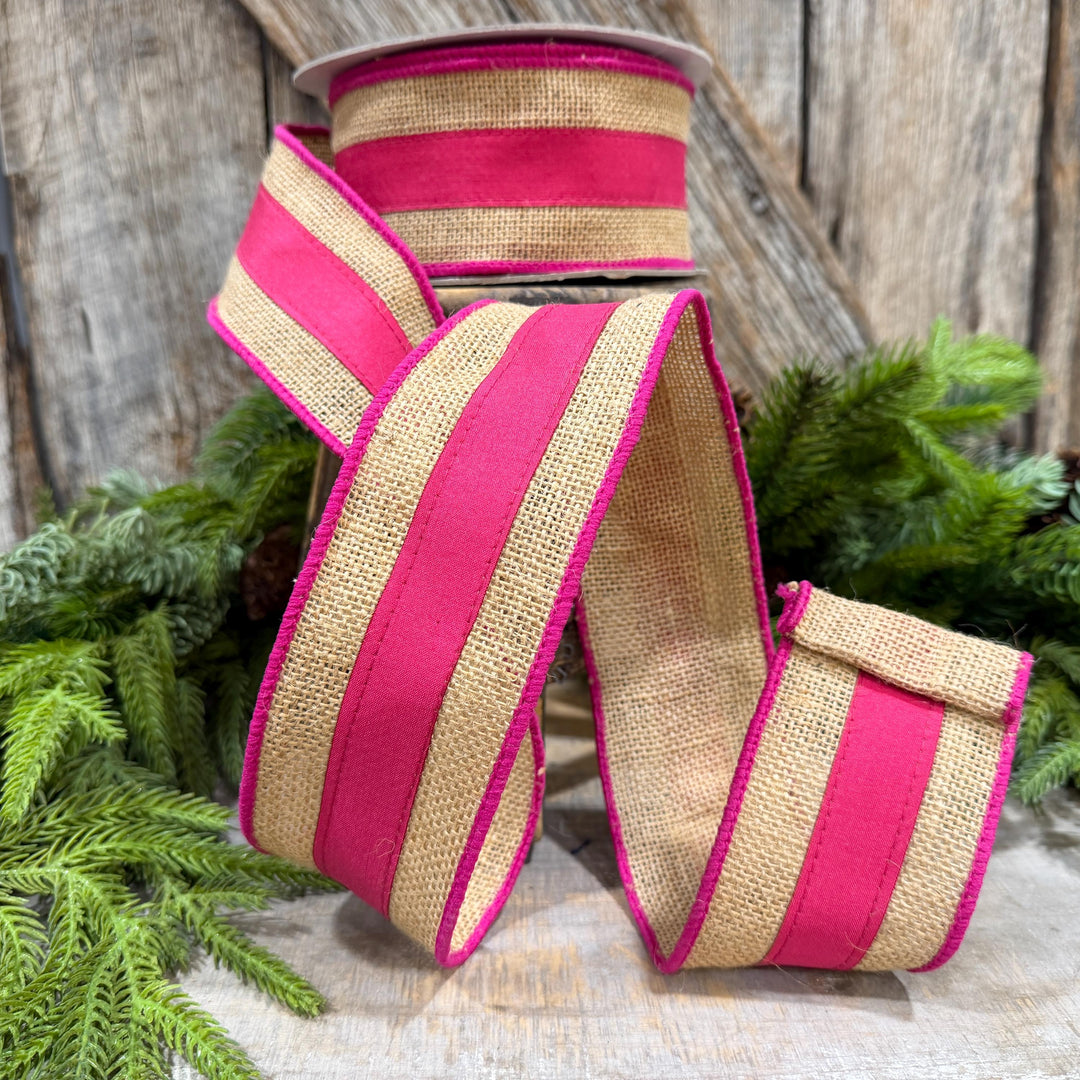 2.5" Hot Pink Burlap Border Ribbon, Farrisilk Ribbon