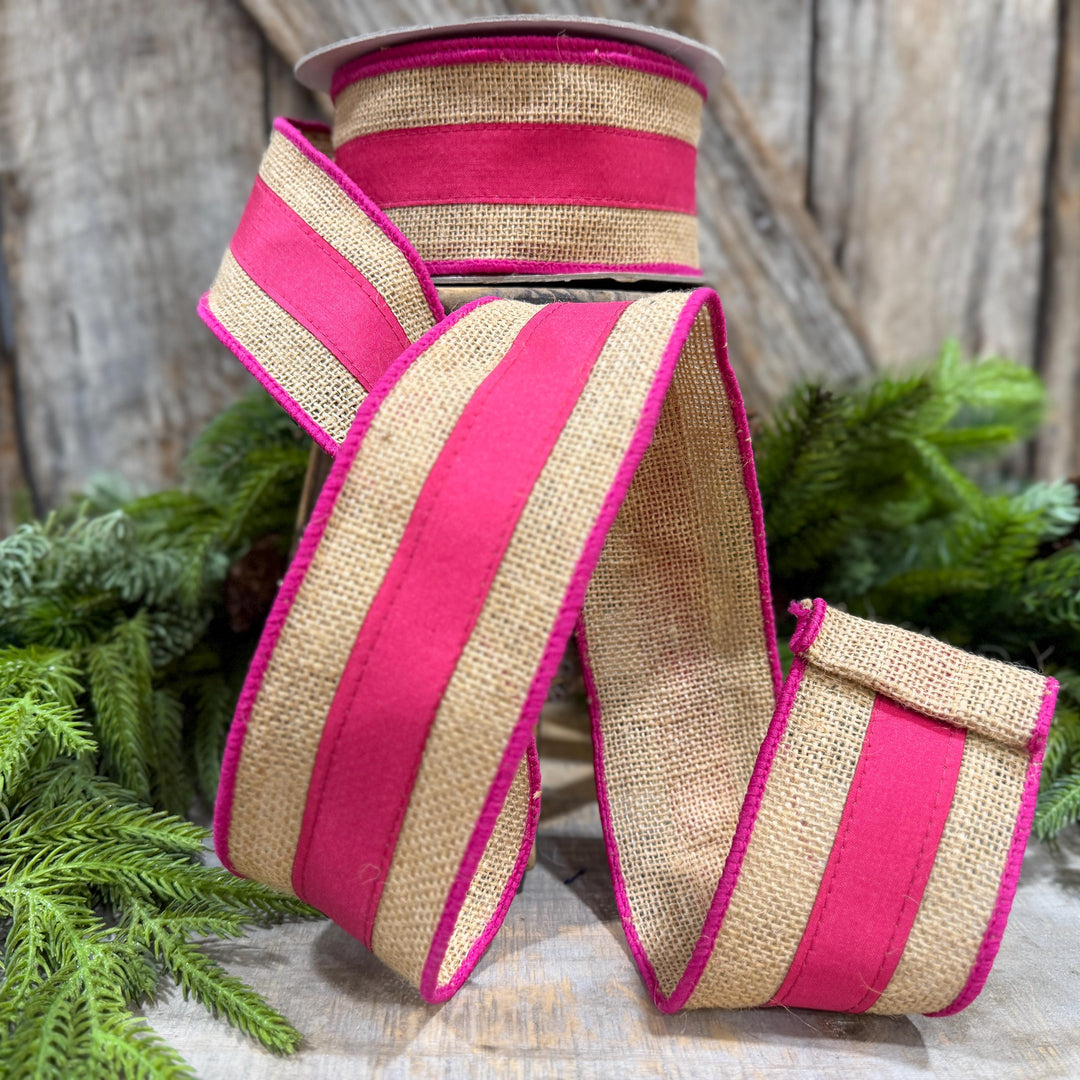 2.5" Hot Pink Burlap Border Ribbon, Farrisilk Ribbon