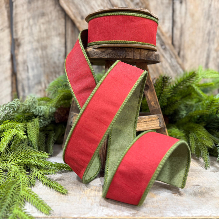 1.5" Red Moss Green Dupion Ribbon, Christmas Ribbon, Double Sided Ribbon, Christmas Tree Ribbon