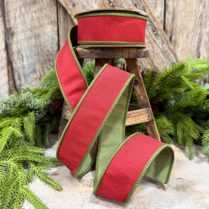 1.5" Red Moss Green Dupion Ribbon, Christmas Ribbon, Double Sided Ribbon, Christmas Tree Ribbon