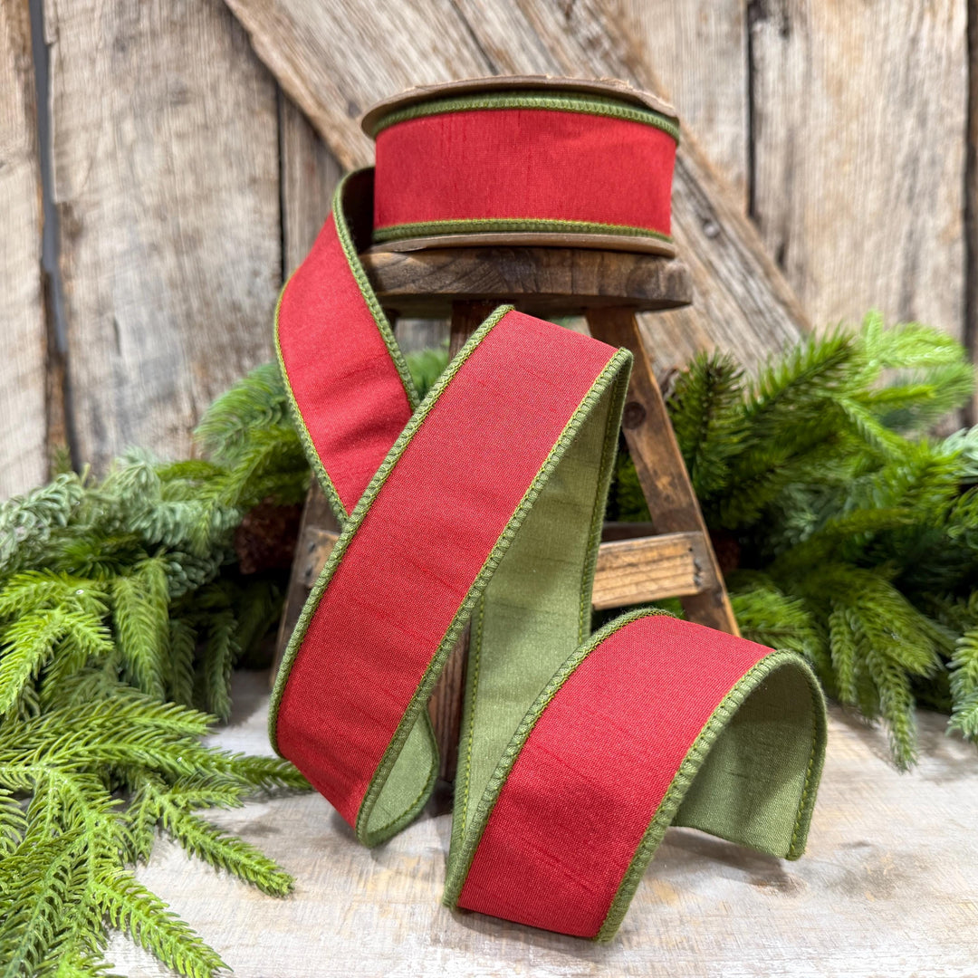 1.5" Red Moss Green Dupion Ribbon, Christmas Ribbon, Double Sided Ribbon, Christmas Tree Ribbon
