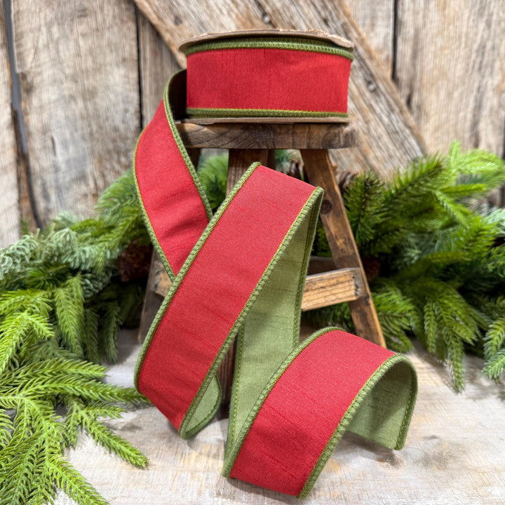 1.5" Red Moss Green Dupion Ribbon, Christmas Ribbon, Double Sided Ribbon, Christmas Tree Ribbon