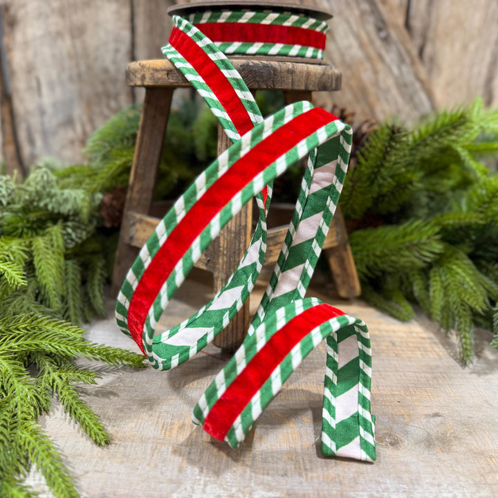 1" Red Green Ticking Stripe Velvet Wired Ribbon, 5 Yard Roll
