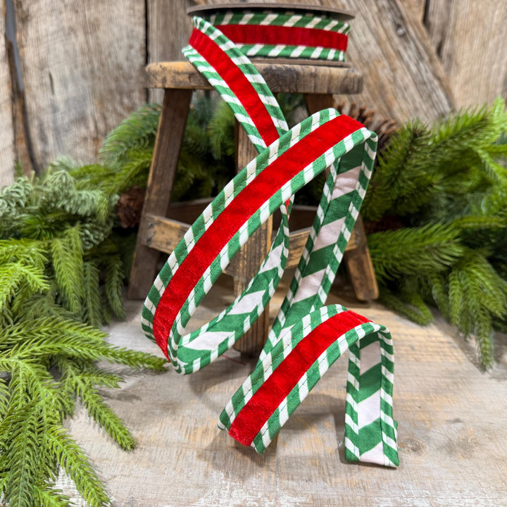 1" Red Green Ticking Stripe Velvet Wired Ribbon, 5 Yard Roll