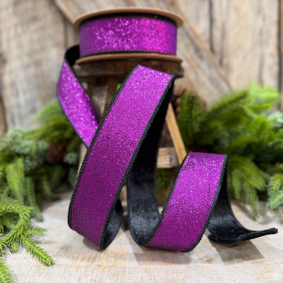 1.5" Purple Glitz Ribbon, Halloween Ribbon, Purple and Black Glitter Ribbon