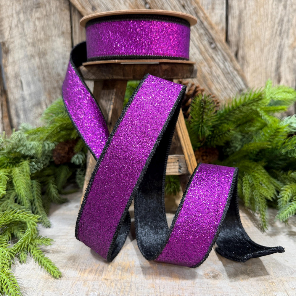 1.5" Purple Glitz Ribbon, Halloween Ribbon, Purple and Black Glitter Ribbon