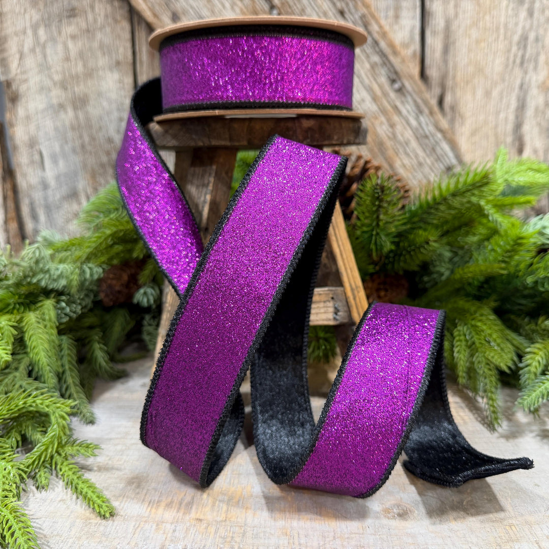 1.5" Purple Glitz Ribbon, Halloween Ribbon, Purple and Black Glitter Ribbon