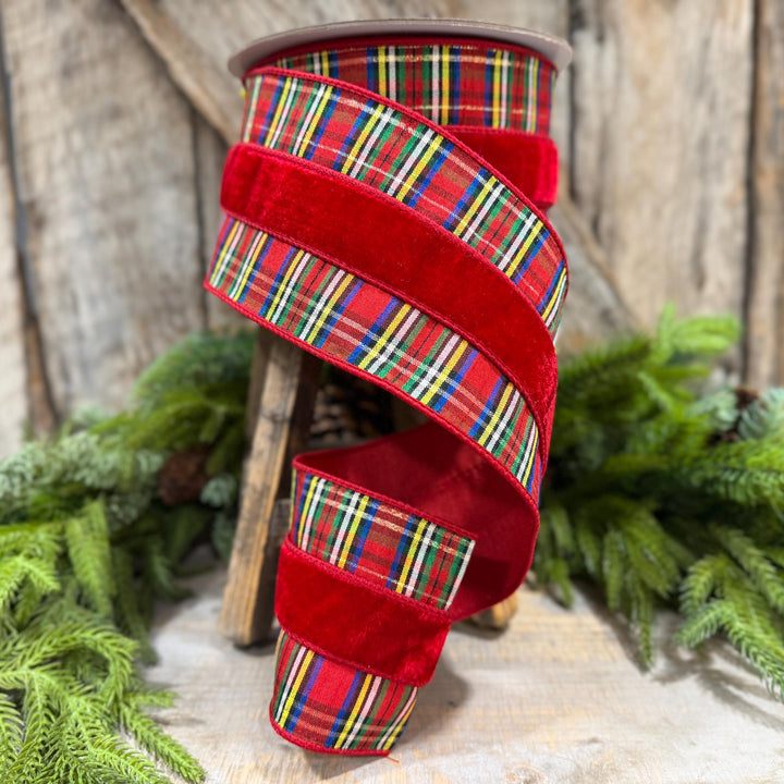 4" Red Velvet Traditional Plaid Ribbon, Farrisilk Christmas