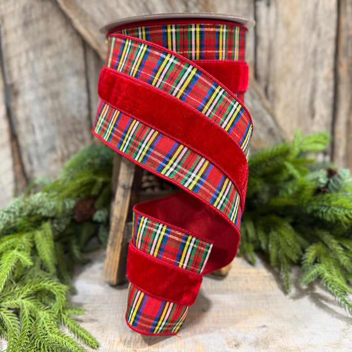 4" Red Velvet Traditional Plaid Ribbon, Farrisilk Christmas