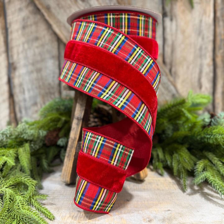 4" Red Velvet Traditional Plaid Ribbon, Farrisilk Christmas