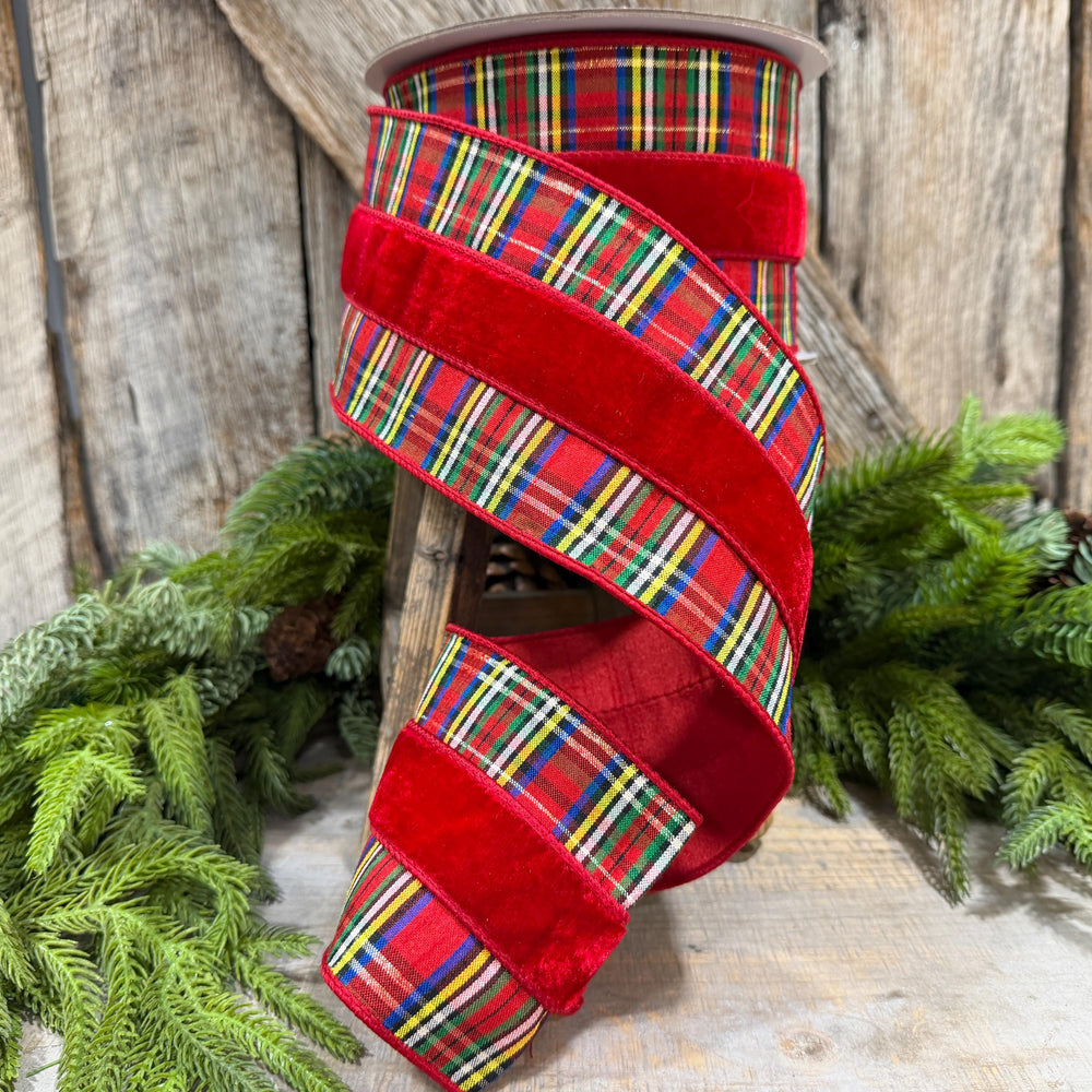 4" Red Velvet Traditional Plaid Ribbon, Farrisilk Christmas