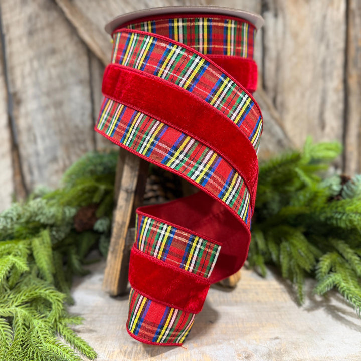 4" Red Velvet Traditional Plaid Ribbon, Farrisilk Christmas