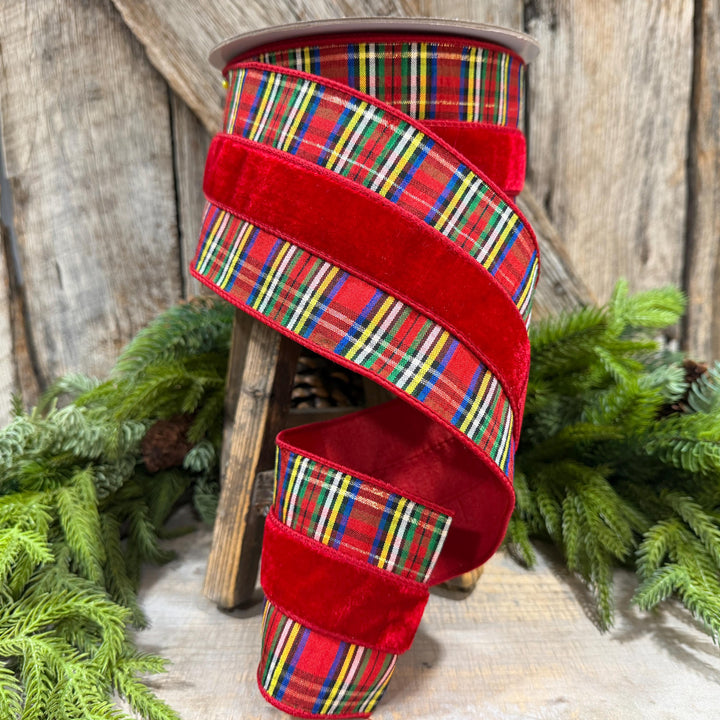 4" Red Velvet Traditional Plaid Ribbon, Farrisilk Christmas