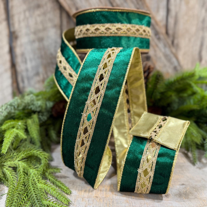2.5 Inch Emerald Green Velvet Jeweled Wired Ribbon, 10 Yard Roll