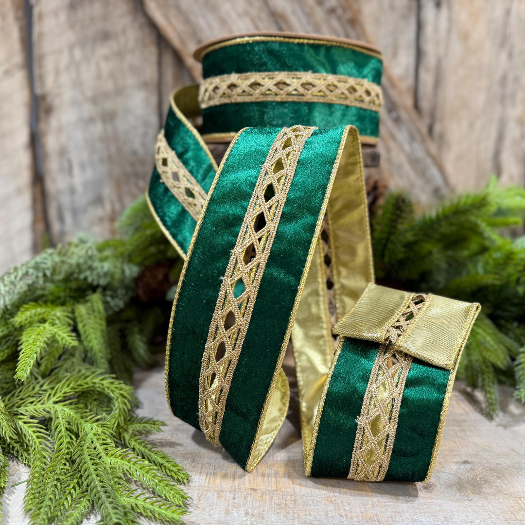 2.5 Inch Emerald Green Velvet Jeweled Wired Ribbon, 10 Yard Roll