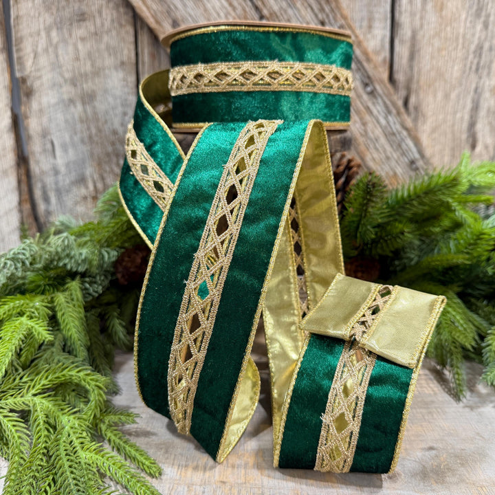 2.5 Inch Emerald Green Velvet Jeweled Wired Ribbon, 10 Yard Roll