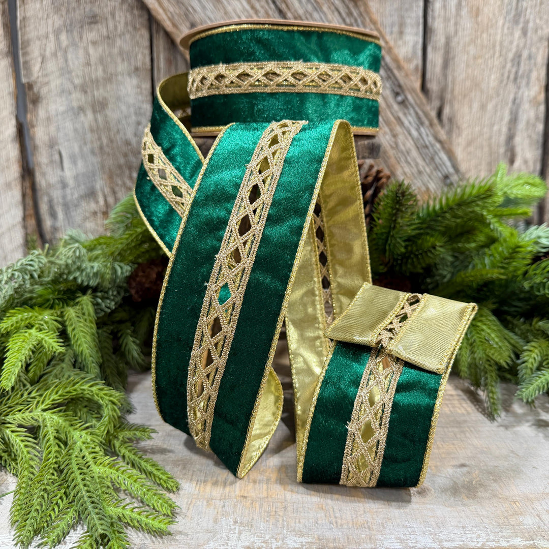 2.5 Inch Emerald Green Velvet Jeweled Wired Ribbon, 10 Yard Roll