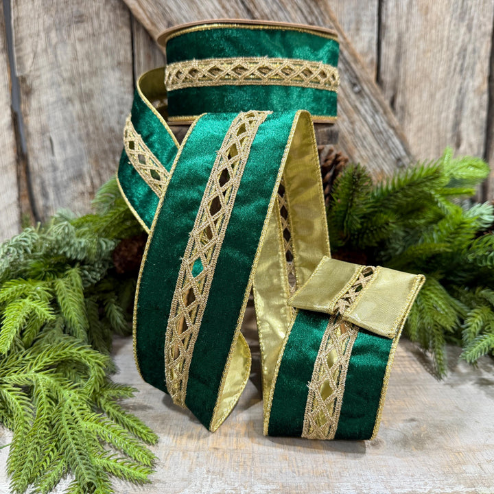 2.5 Inch Emerald Green Velvet Jeweled Wired Ribbon, 10 Yard Roll