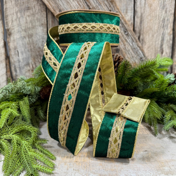 2.5 Inch Emerald Green Velvet Jeweled Wired Ribbon, 10 Yard Roll