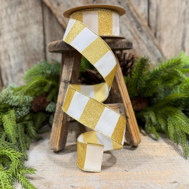 1.5 Inch Gold Glitter Stripe Wired Ribbon, White, 10 Yard Roll