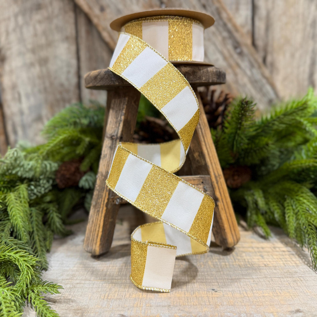 1.5 Inch Gold Glitter Stripe Wired Ribbon, White, 10 Yard Roll