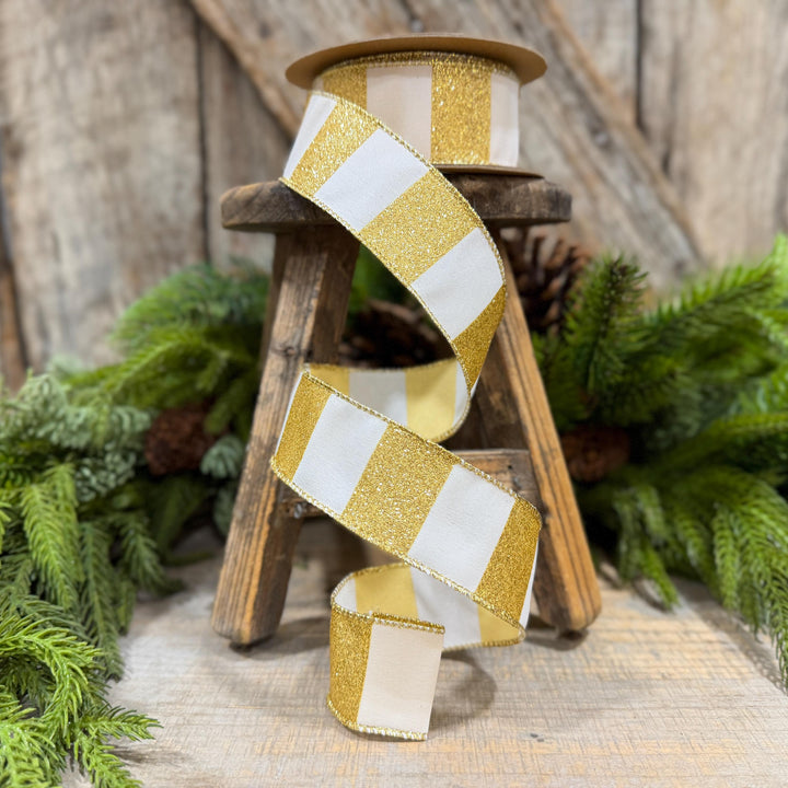 1.5 Inch Gold Glitter Stripe Wired Ribbon, White, 10 Yard Roll