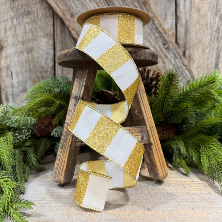 1.5 Inch Gold Glitter Stripe Wired Ribbon, White, 10 Yard Roll
