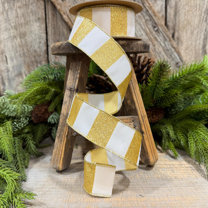 1.5 Inch Gold Glitter Stripe Wired Ribbon, White, 10 Yard Roll