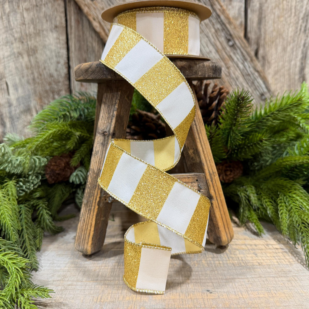 1.5 Inch Gold Glitter Stripe Wired Ribbon, White, 10 Yard Roll