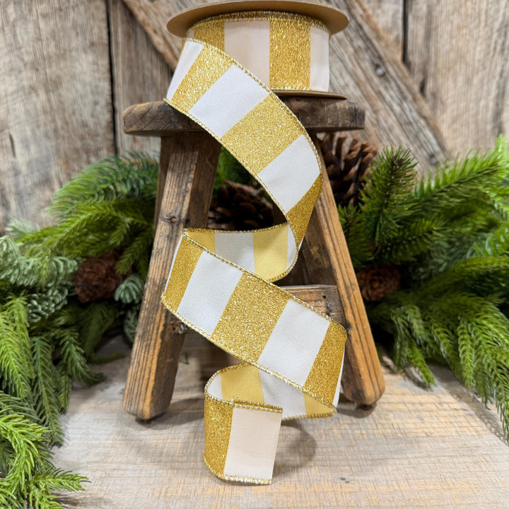 1.5 Inch Gold Glitter Stripe Wired Ribbon, White, 10 Yard Roll