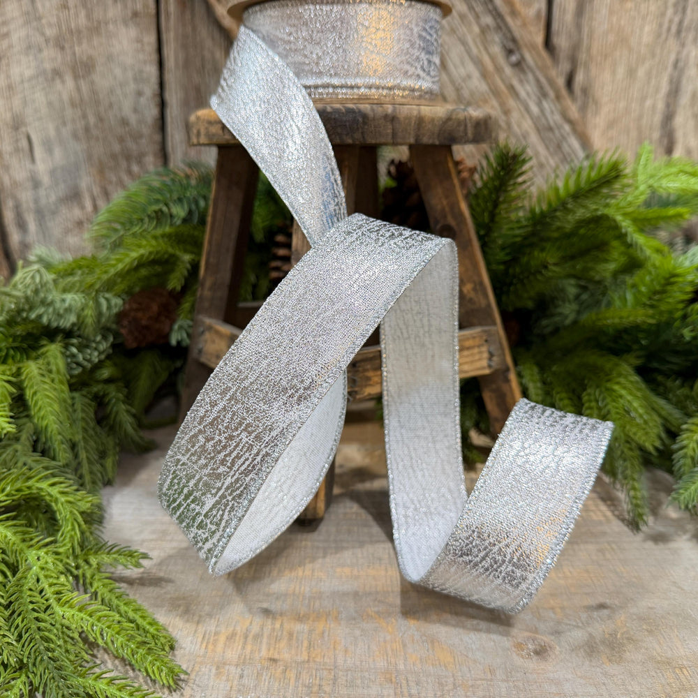 1.5" Silver Faux Leather Wired Ribbon, Metallic, 10 Yard Roll