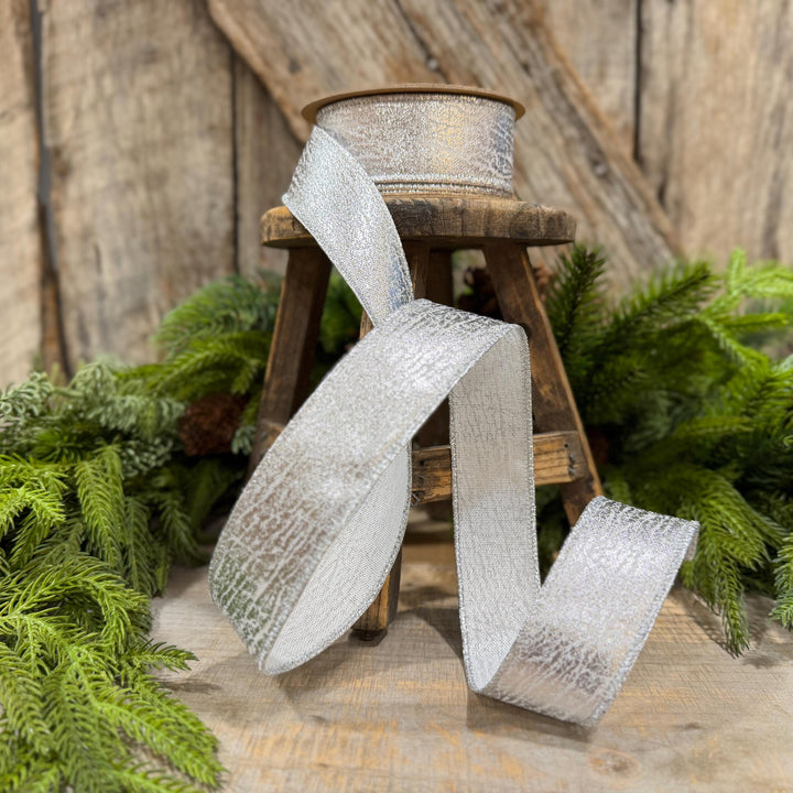 1.5" Silver Faux Leather Wired Ribbon, Metallic, 10 Yard Roll