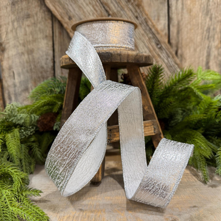 1.5" Silver Faux Leather Wired Ribbon, Metallic, 10 Yard Roll