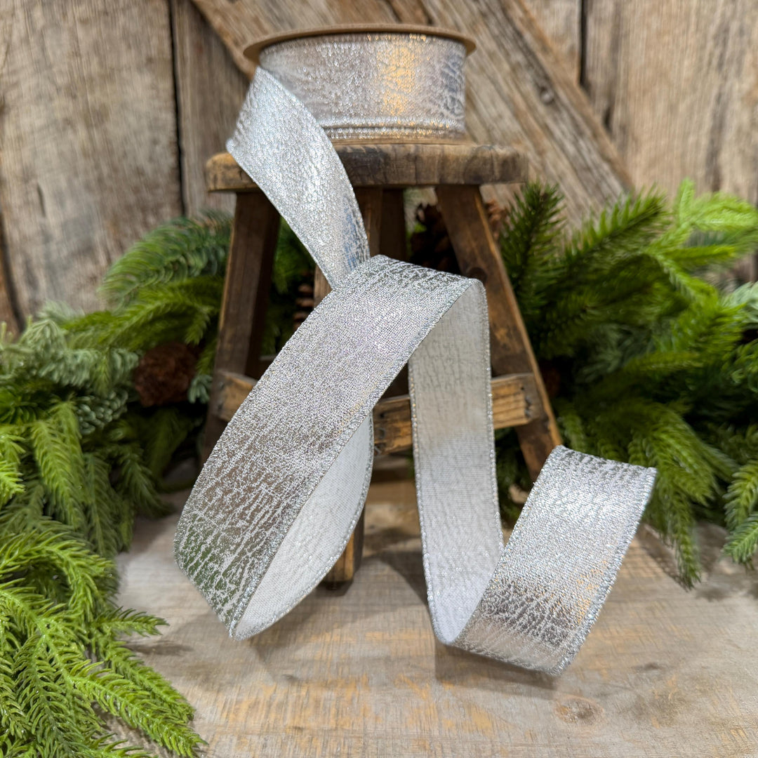 1.5" Silver Faux Leather Wired Ribbon, Metallic, 10 Yard Roll